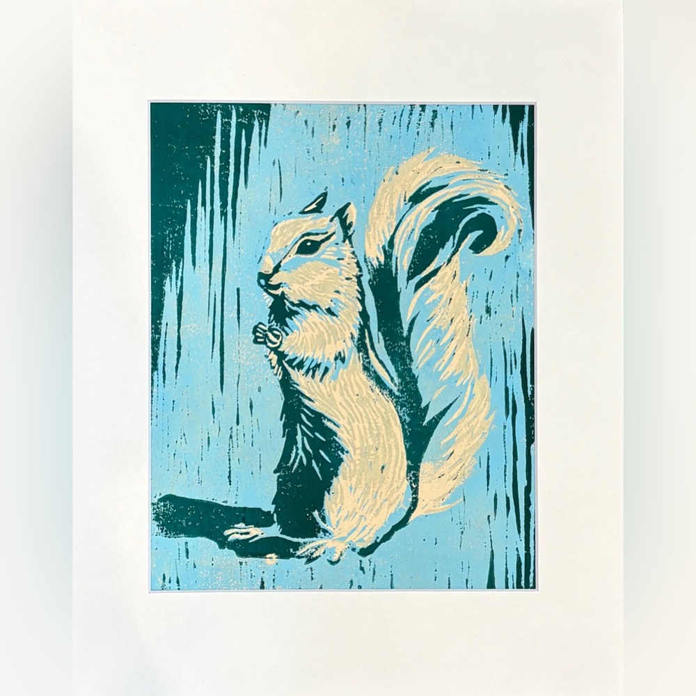 Squirrel Art Hand Printed Linocut Reduction Print Woodland Animal Art Matted